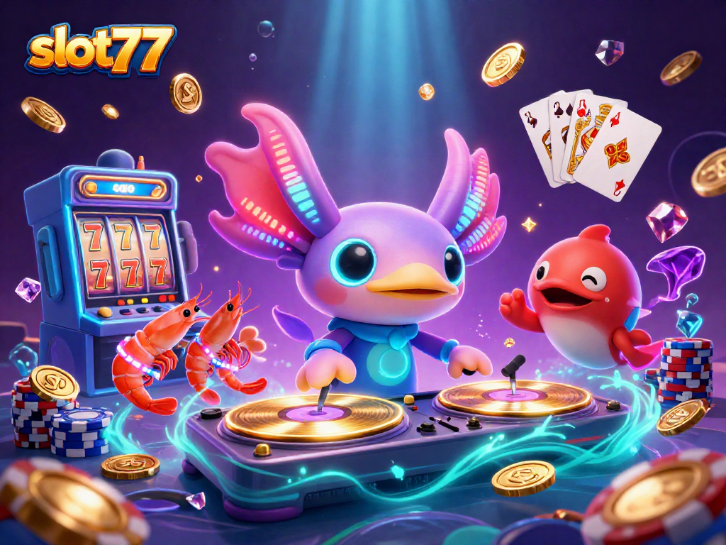 Experience slot777 excitement with an axolotl DJ and colorful slot machine elements!