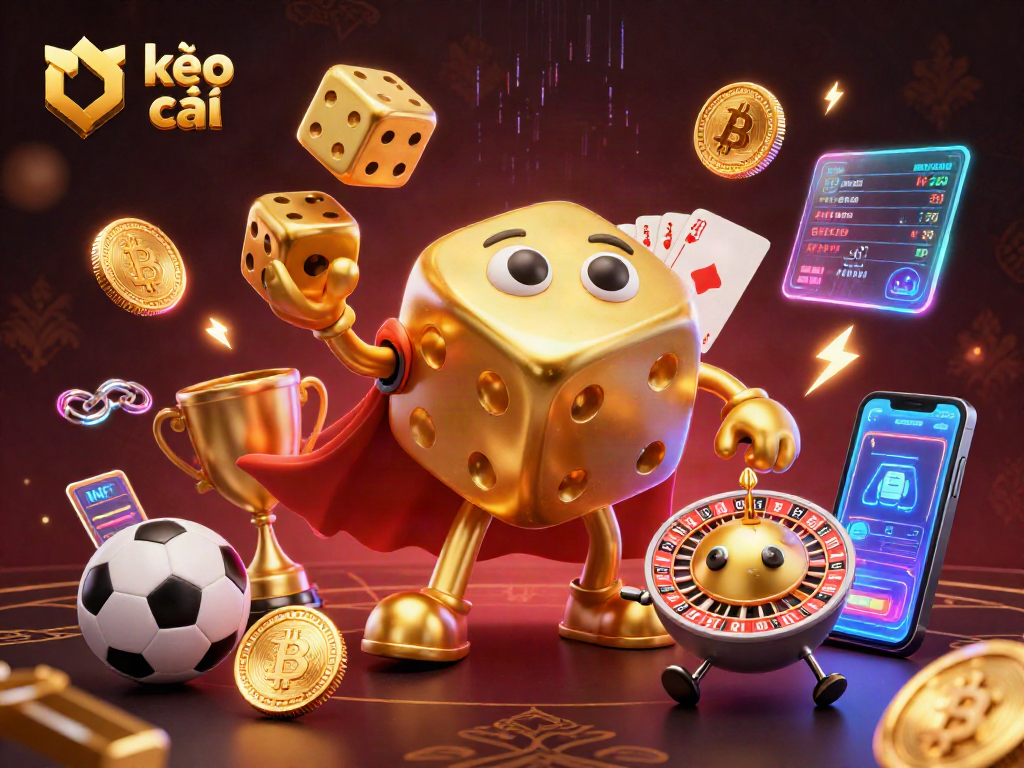 Bet on kèo nhà cái with a vibrant scene featuring golden dice, sports elements, and neon coins.