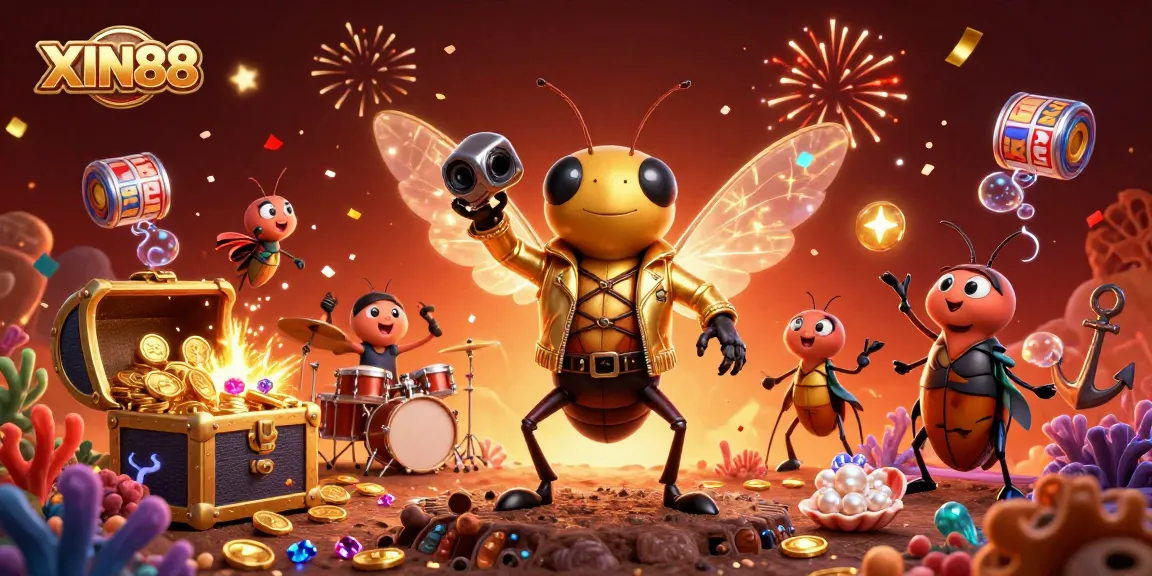 XIN88's electrifying rock star scene with vibrant slot reels and treasure amidst a festive casino atmosphere