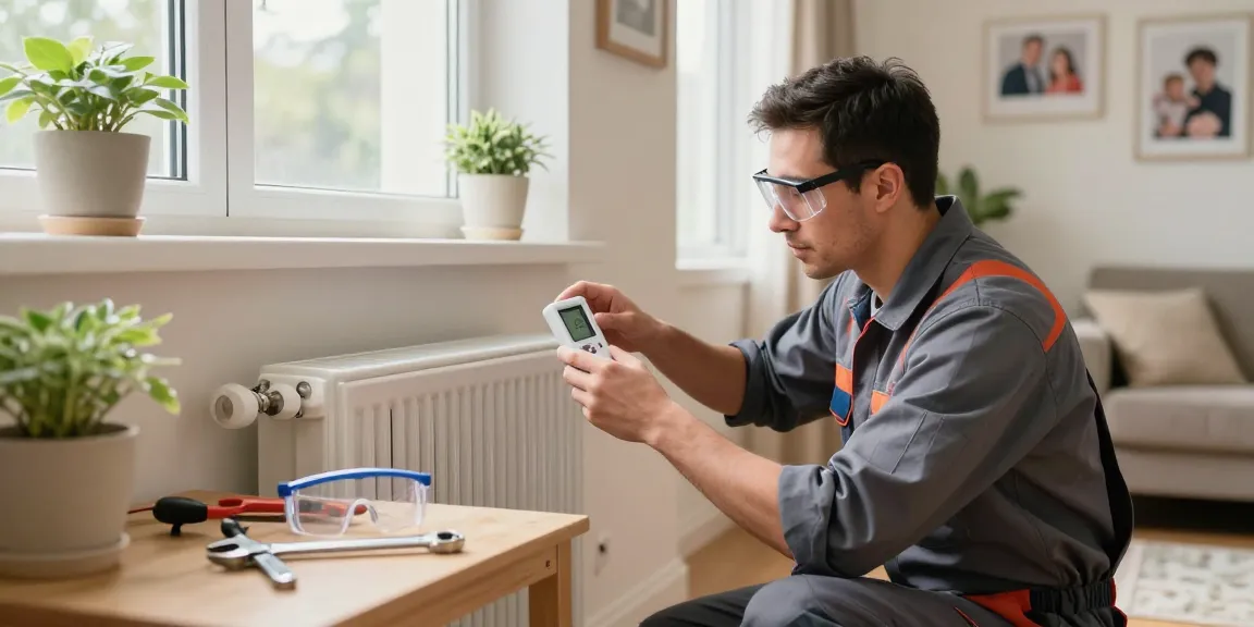 Heating engineer in Bedford inspecting a radiator in a cozy home setting with tools nearby.