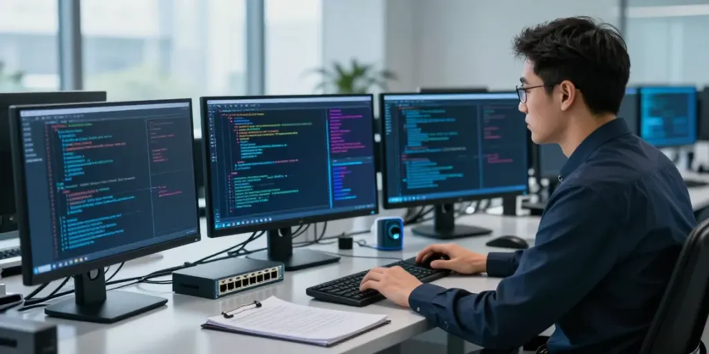 Cybersecurity analyst monitoring new cybersecurity news and threats in a high-tech office