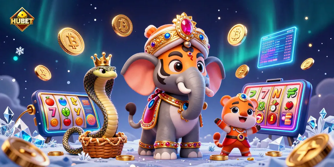 Engage with vibrant HUBET casino atmosphere featuring a maharaja and elephant amidst animated game symbols.