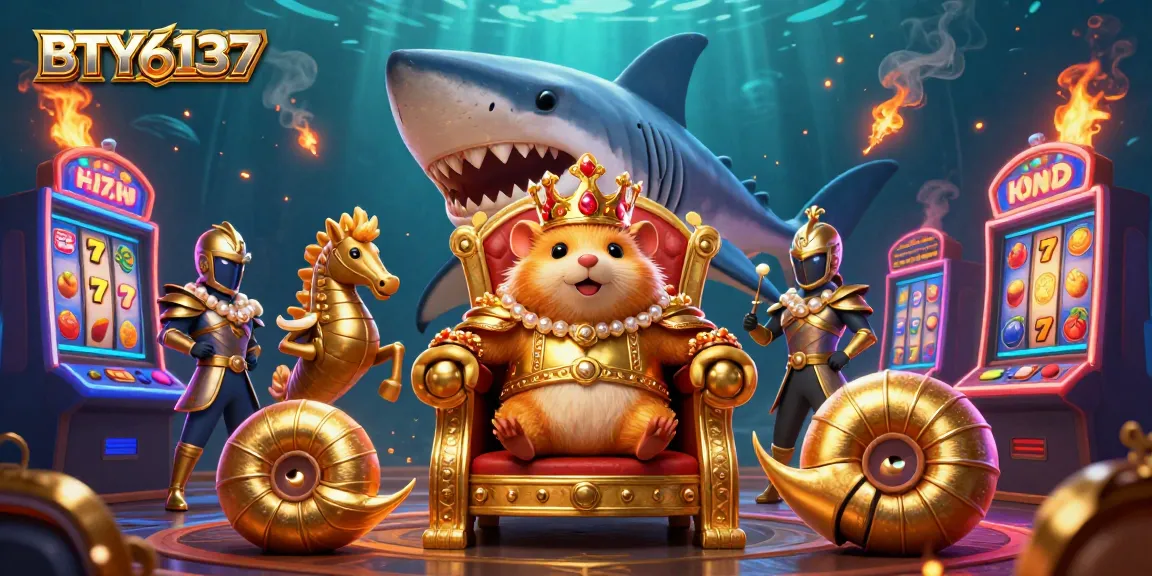 Engage with slots and jackpots featuring BTY6137's golden hamster king surrounded by interactive gaming elements.