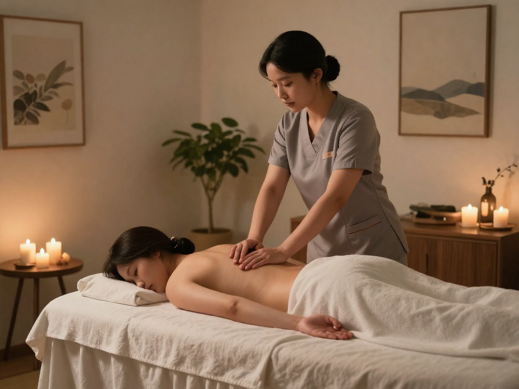 Experiencing soothing 의정부출장마사지 in a tranquil home setting, showcasing relaxation and comfort.