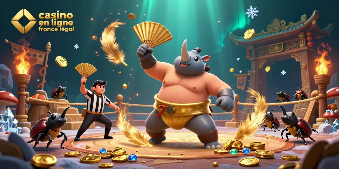 Illustration dynamique d'un casino en ligne France légal avec un scarabée lutteur et des éléments de jeu captivants.