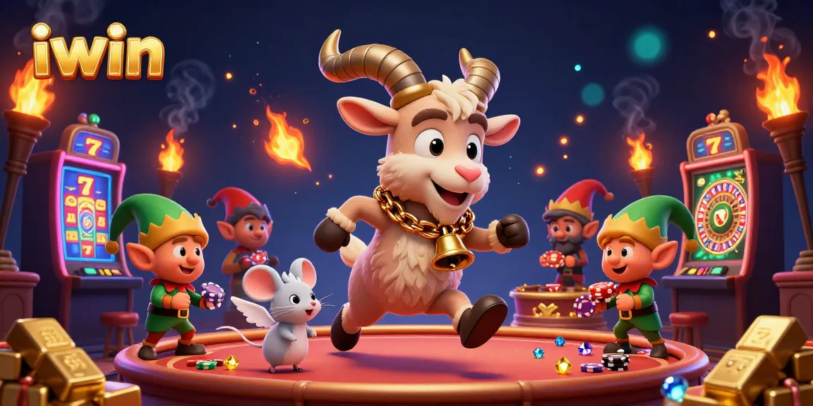 Join the iwin carnival with festive characters amidst slot machines and gold treasures