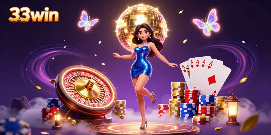 Experience thrill with 33win's dynamic casino illustration featuring exciting gambling elements.