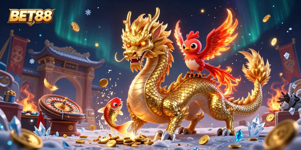Experience betting thrills with BET88's vibrant illustration of a dragon and phoenix amidst casino elements.