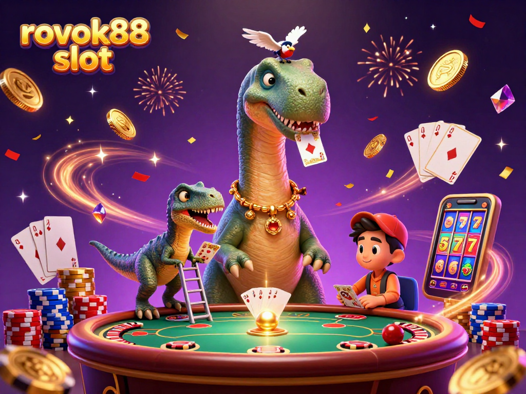 Experience the thrill of rokok88 slot with a vibrant 3D casino scene featuring a towering brontosaurus!