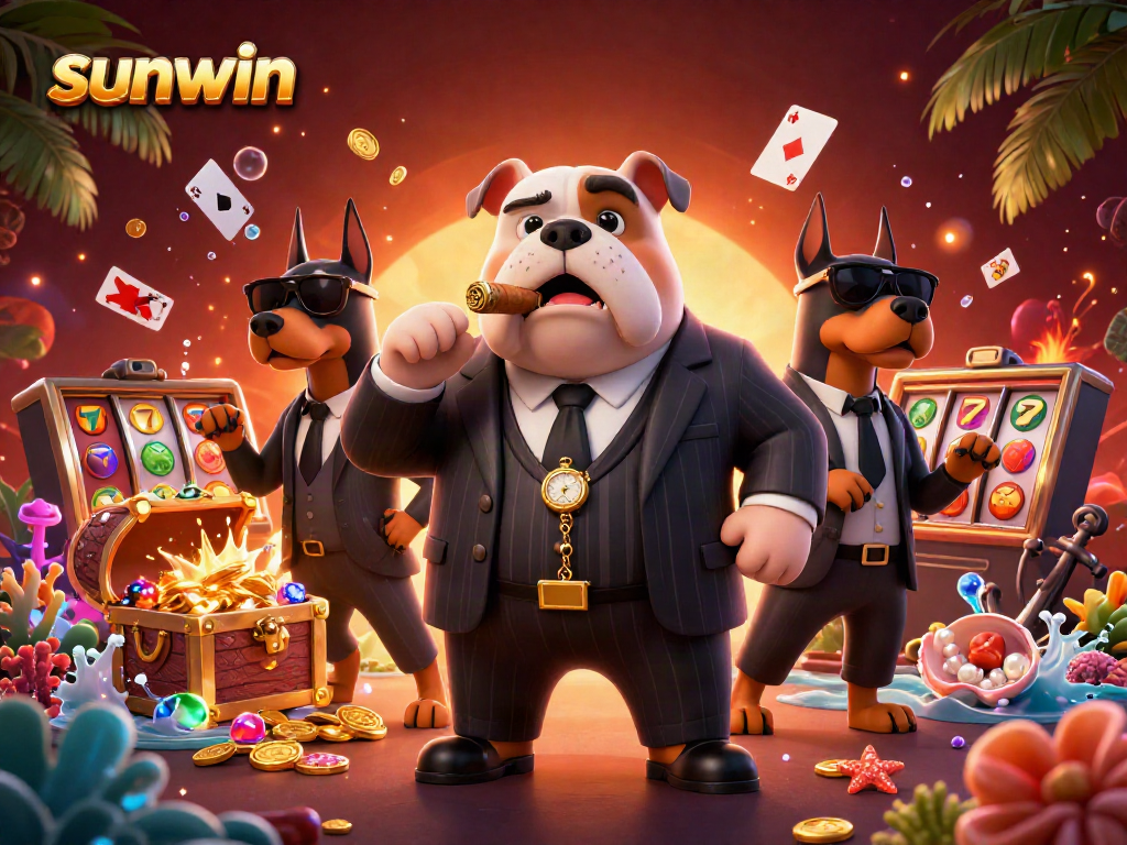 Experience sunwin's exciting gaming atmosphere with a mafia boss bulldog and Doberman bodyguards amidst slot reels and vibrant treasures.