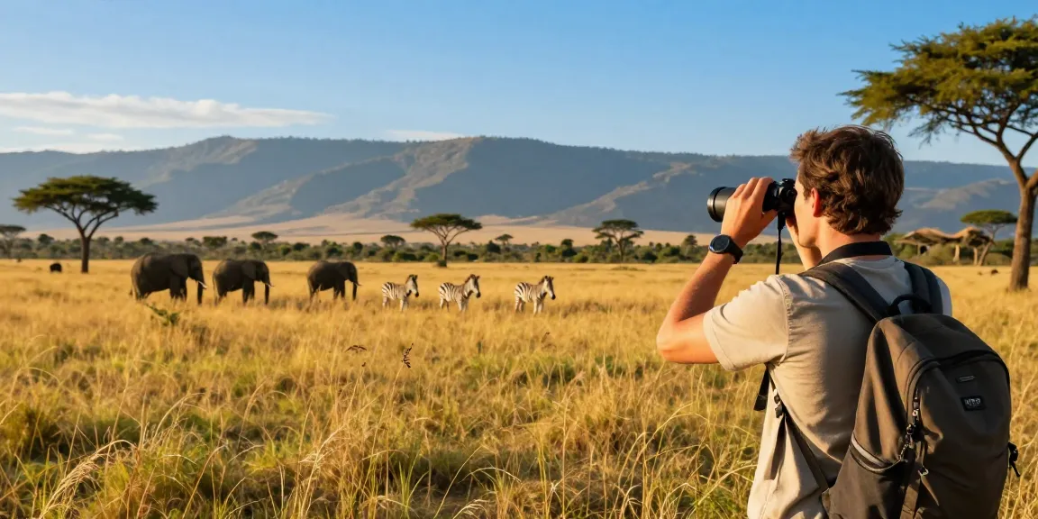 NAGA2000 traveler observing wildlife at Kidepo Valley National Park during golden hour, showcasing vibrant savanna scenery.
