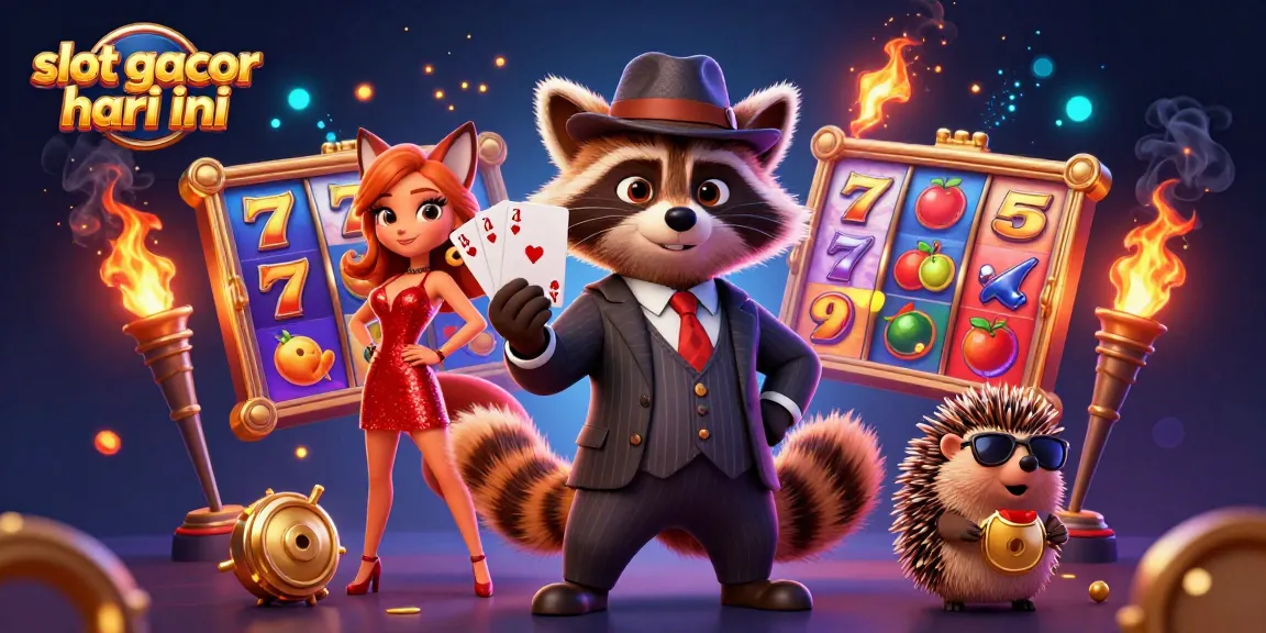 Experience the thrill of slot gacor hari ini with a raccoon and friends in a vibrant casino scene.