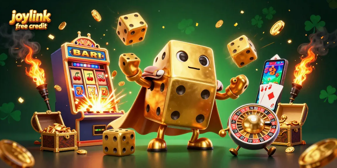 Experience joylink free credit with dynamic casino excitement, featuring golden dice and vibrant slot elements.