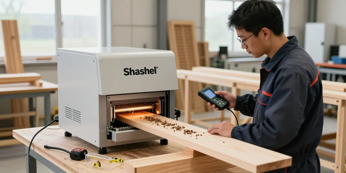 Shashel technician using microwave technology to eliminate wood-boring insects in an industrial workshop.