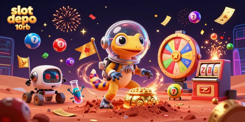 Win big with slot depo 10rb in a fun 3D casino illustration showcasing a Martian gecko and vibrant gaming elements.