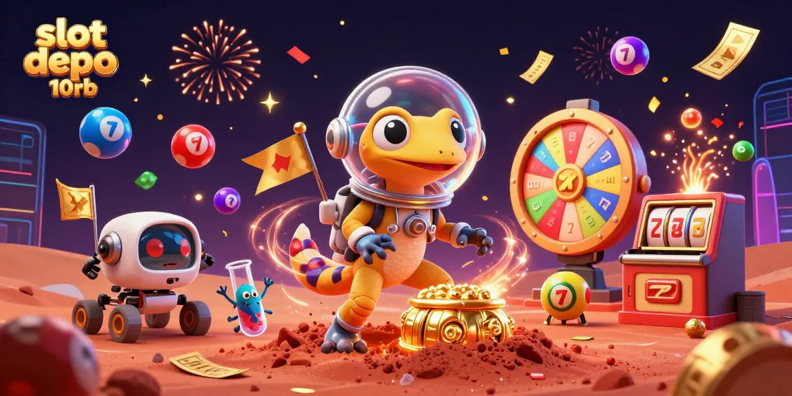 Win big with slot depo 10rb in a fun 3D casino illustration showcasing a Martian gecko and vibrant gaming elements.