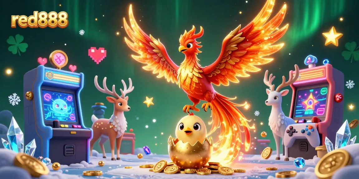 Experience the vibrant energy of red888 in this dynamic 3D casino scene featuring a phoenix and gaming elements.