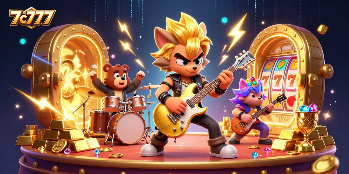 Experience thrilling moments at 7c777 with a vibrant rock star and sparkling jackpot treasures!