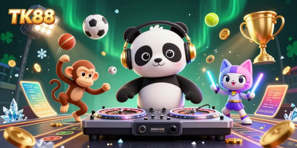 Experience the vibrant entertainment of TK88 with a lively 3D scene featuring a DJ panda, breakdancing monkey, and rave kitten.