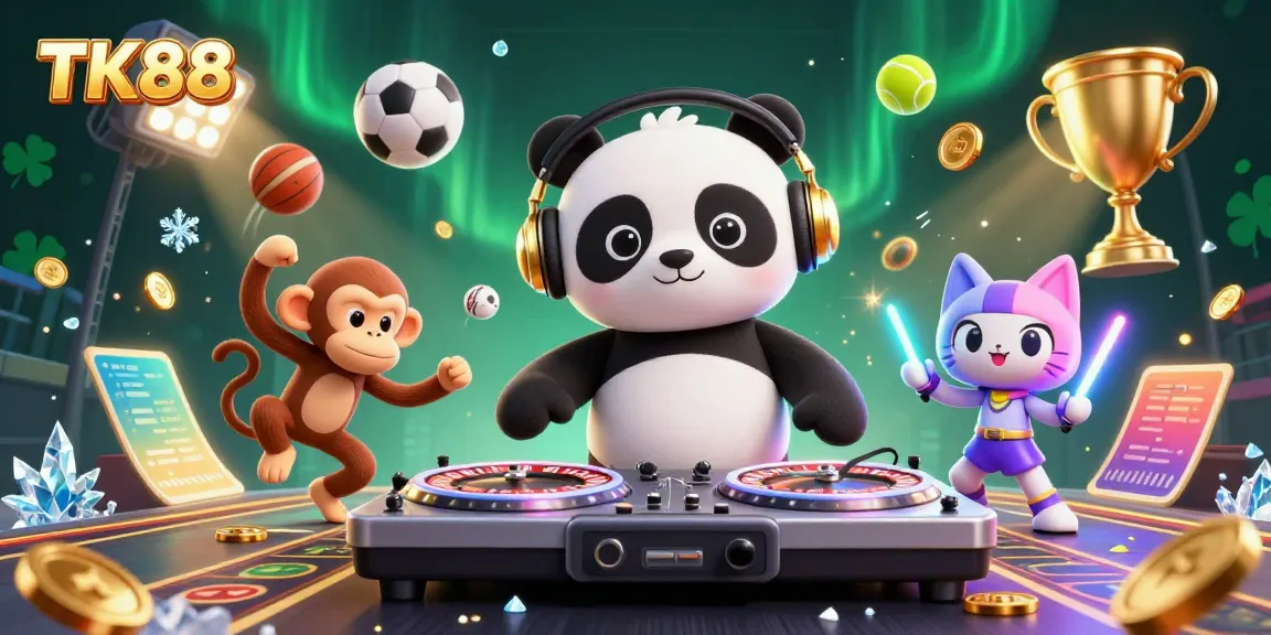 Experience the vibrant entertainment of TK88 with a lively 3D scene featuring a DJ panda, breakdancing monkey, and rave kitten.