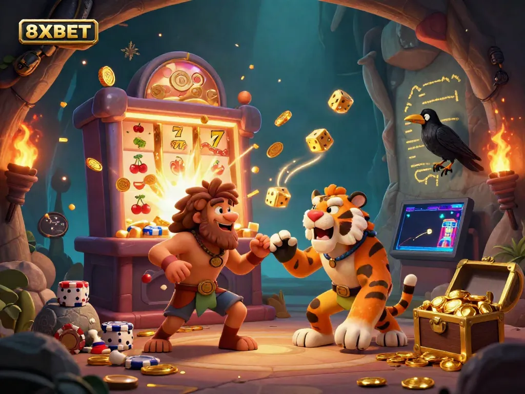 Experience the thrilling world of 8XBET with a vibrant prehistoric casino scene featuring engaging characters and exciting game elements.