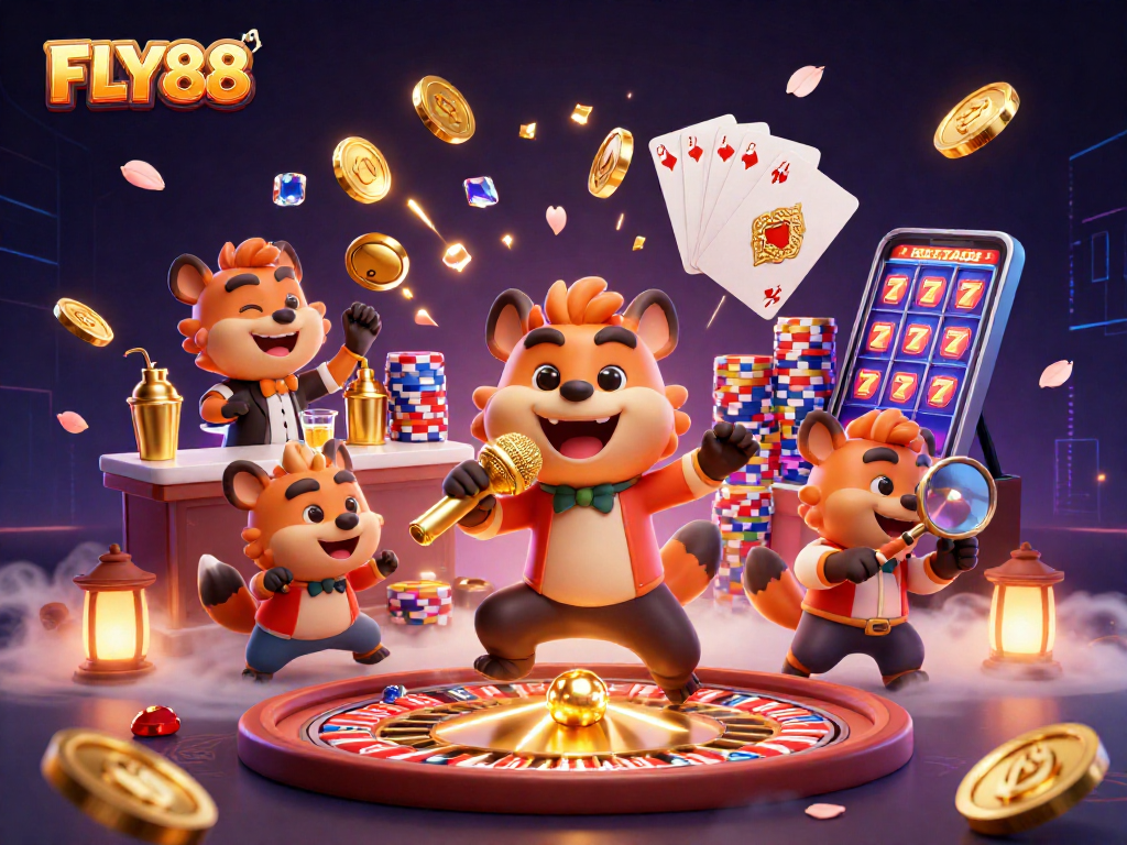 FLY88 hyenas in a vibrant casino scene mixing drinks, telling jokes, and checking IDs.