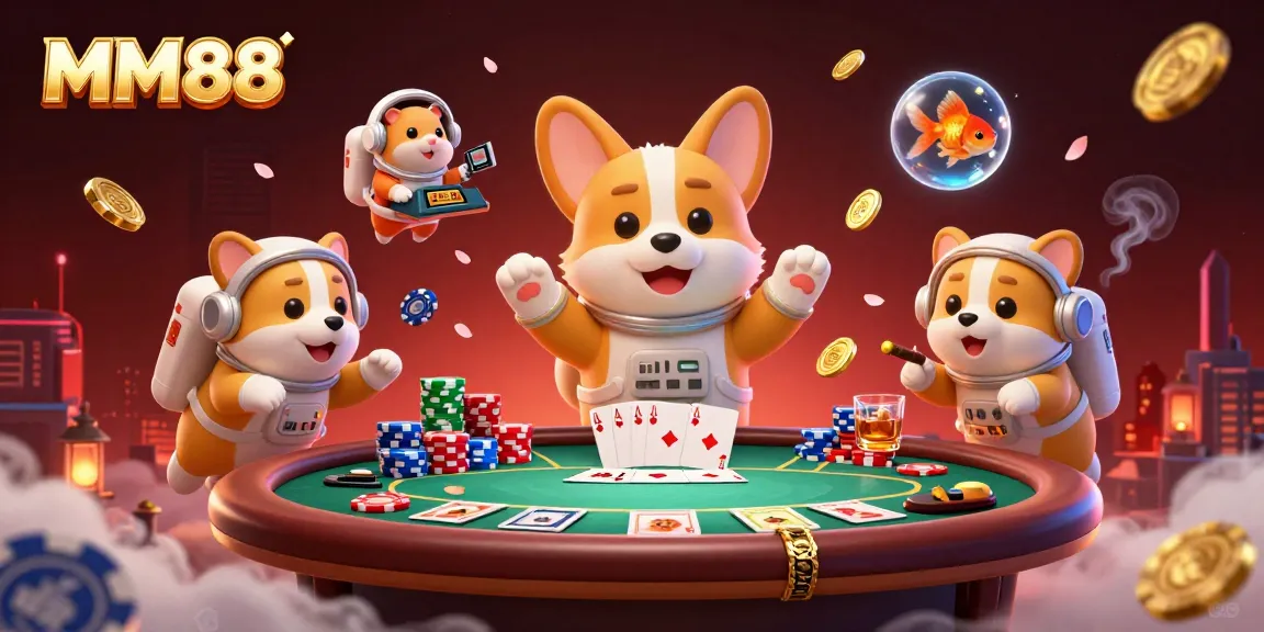MM88 corgi floating in a casino, drifting poker chips and golden coins create a thrilling scene