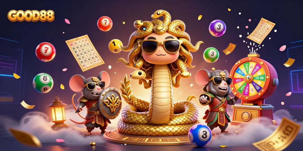 Experience thrilling gameplay with GOOD88's vibrant lottery and casino elements featuring Medusa and a warrior mouse.