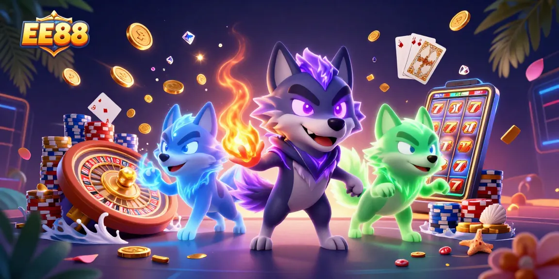 Engage with EE88's thrilling gaming experience showcasing magical wolves amidst sparkling slots and casino elements.