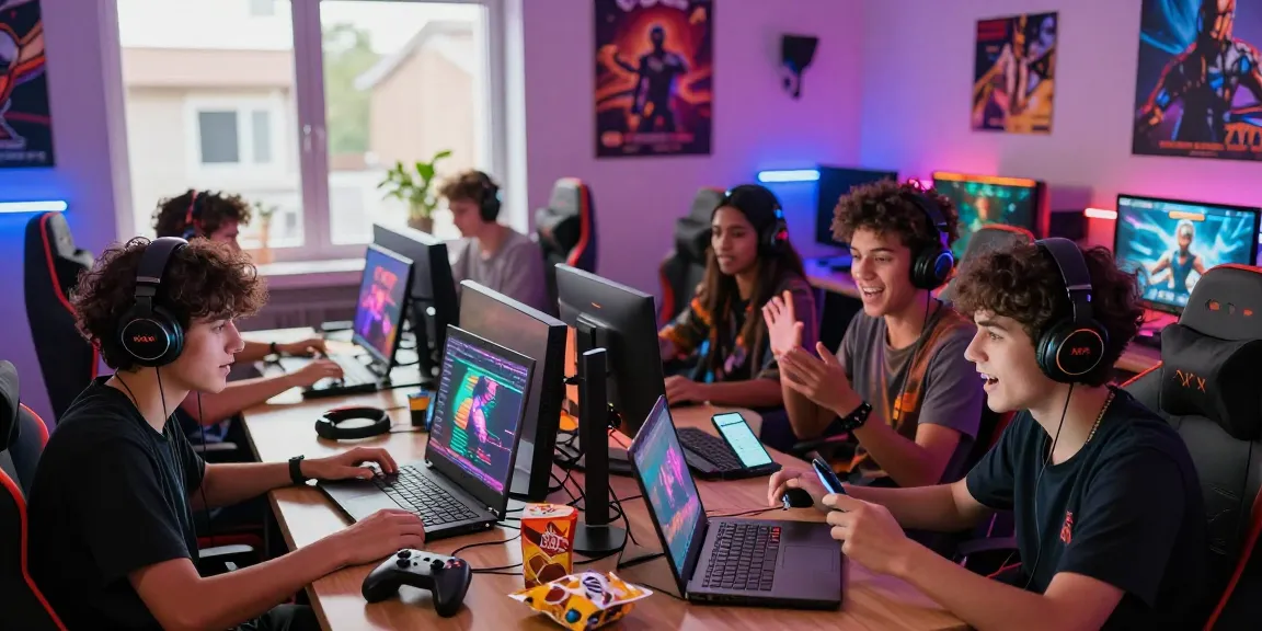 Exciting gaming lounge with diverse players enjoying xxx games on various devices, showcasing vibrant modern gaming culture.