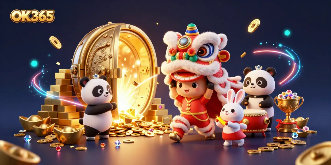 Experience exciting wins at OK365 casino with festive lion dancers, gold treasures, and vibrant gems.