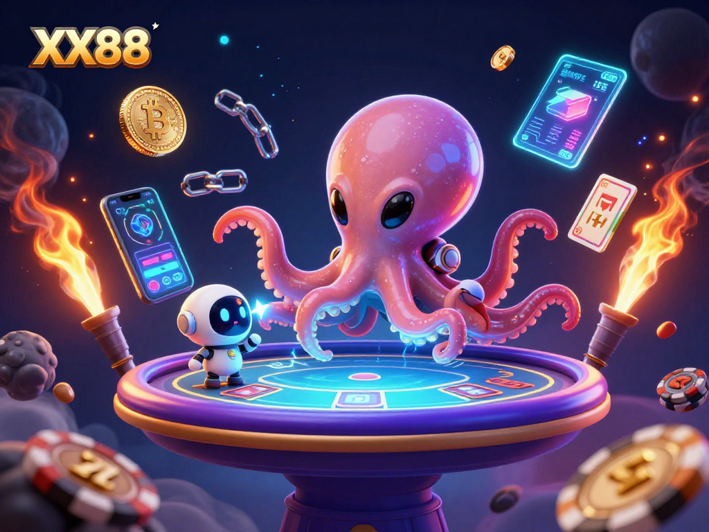 Experience exciting gaming at XX88 with our 3D alien octopus dealing poker under vibrant cosmic effects.