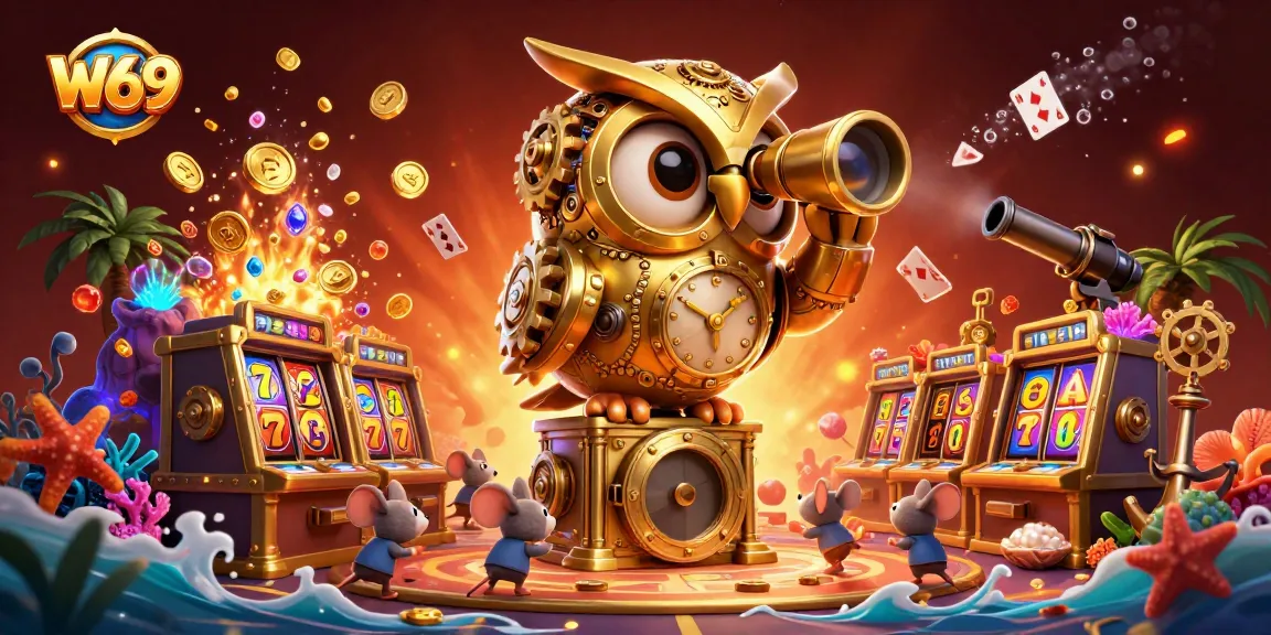 Experience the thrill of W69 with engaging slot machines and golden treasures bustling in a vibrant casino scene.