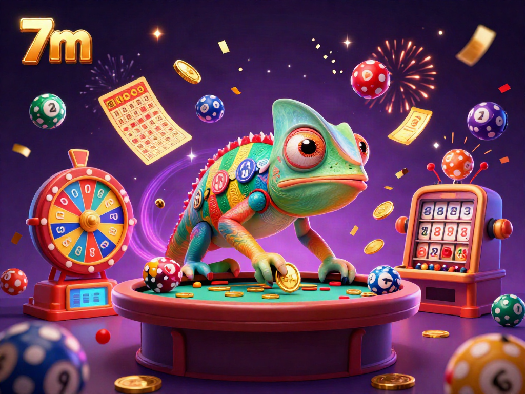 Join the exciting world of 7m with a chameleon casino owner capturing golden coins among thrilling lottery elements.