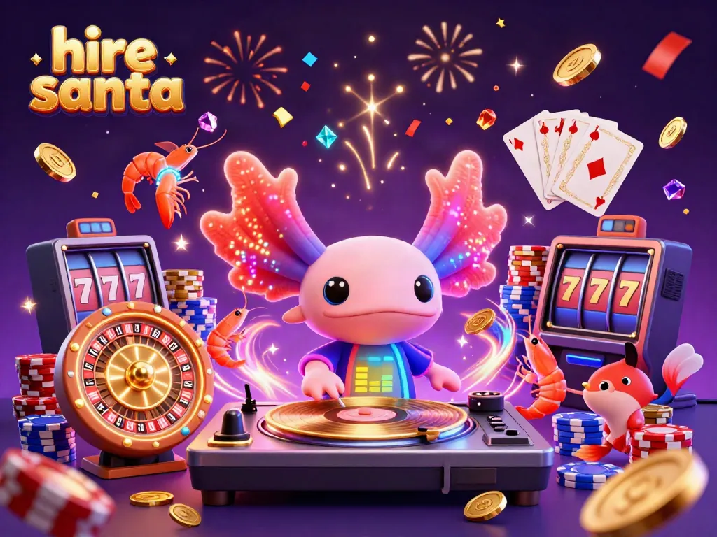 Hire Santa with a festive casino theme, featuring characters and vibrant game elements