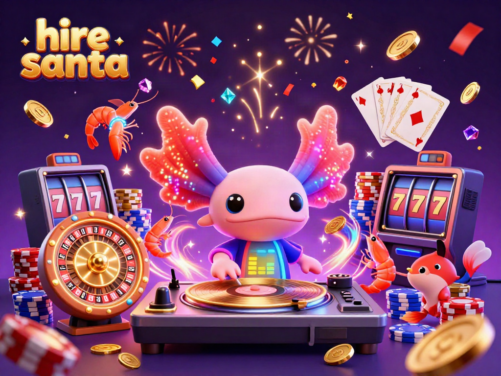 Hire Santa with a festive casino theme, featuring characters and vibrant game elements