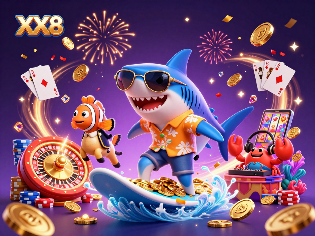Win big with XX8 in this vibrant casino scene featuring a shark and treasures.