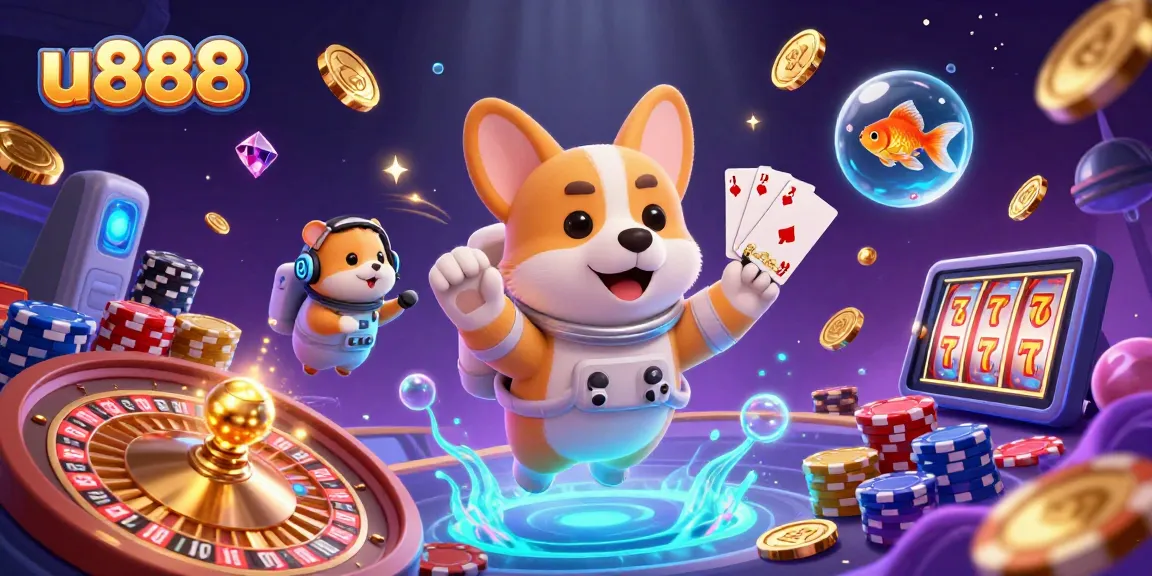 Experience thrilling fun at u888 with a cartoon astronaut corgi floating amidst drifting coins and casino elements.