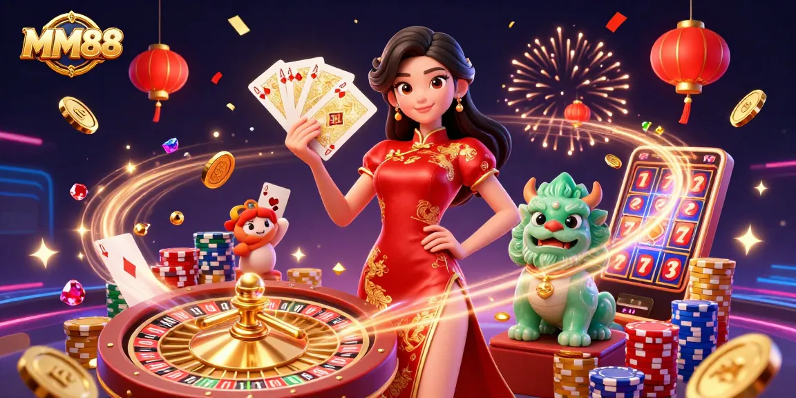Experience thrilling wins at MM88 with a vibrant casino scene featuring unique characters and dynamic elements.