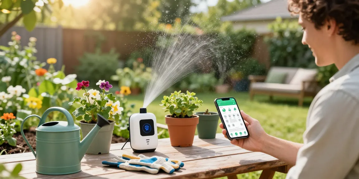 wifi sprinkler controller automating garden watering in a sunny backyard