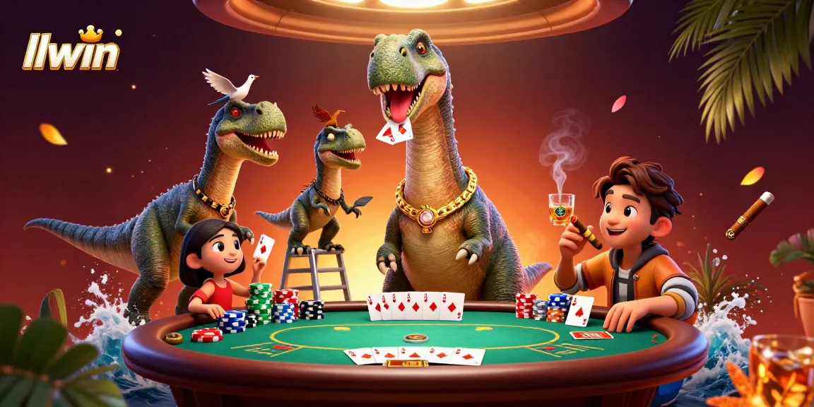 Experience thrilling poker action with llwin's cartoon dinosaurs and vibrant casino elements.