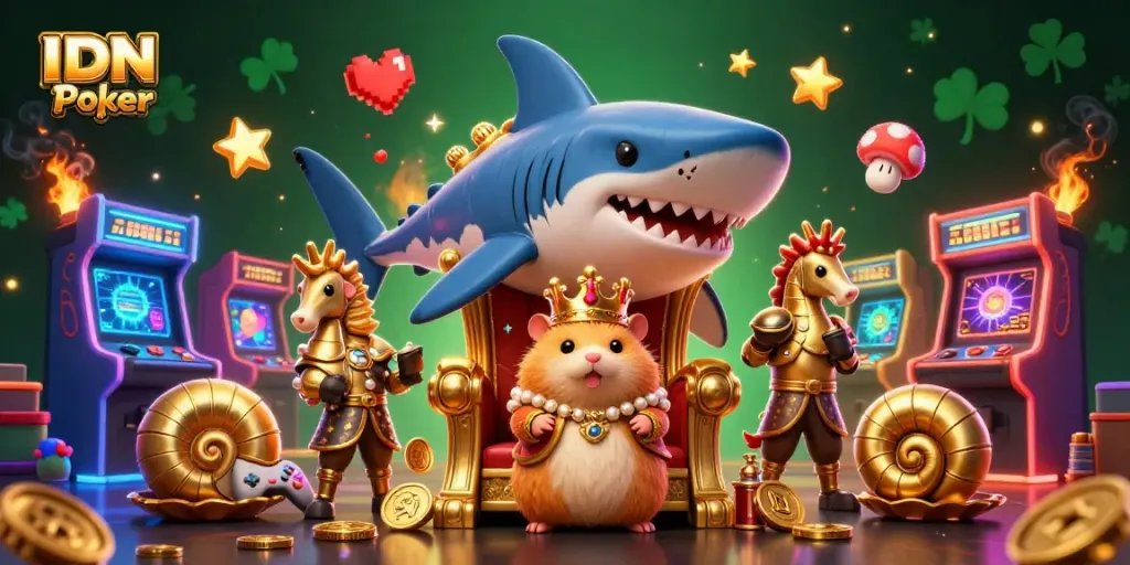 Engage with IDN Poker's thrilling cartoon scene featuring a hamster king and vibrant gaming elements.