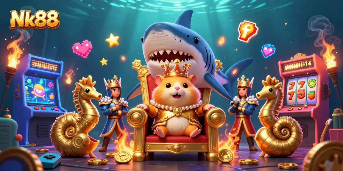 Experience thrilling gaming with Nk88's vibrant digital casino scene featuring a golden hamster king.