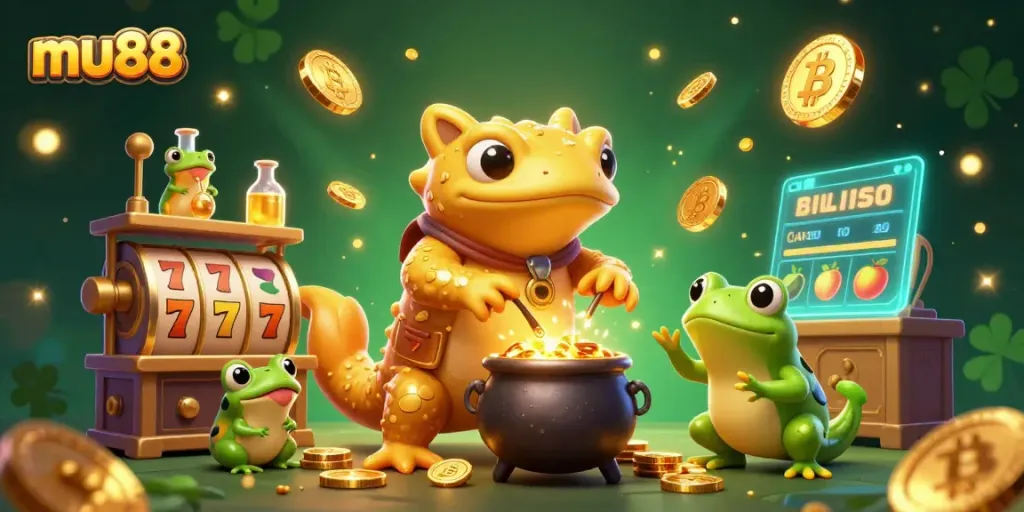 Join the excitement of mu88 with a magical alchemist transforming wins amidst vibrant casino elements.