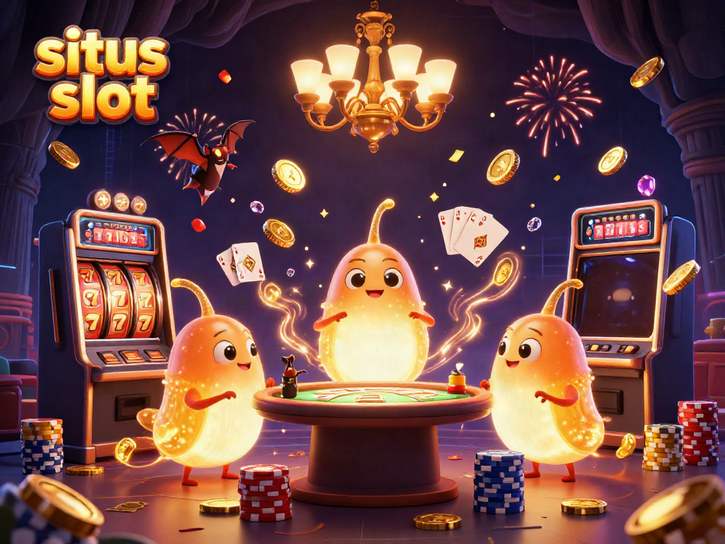 Experience the excitement of situs slot with glowing characters and slot machine reels in a vibrant casino scene.
