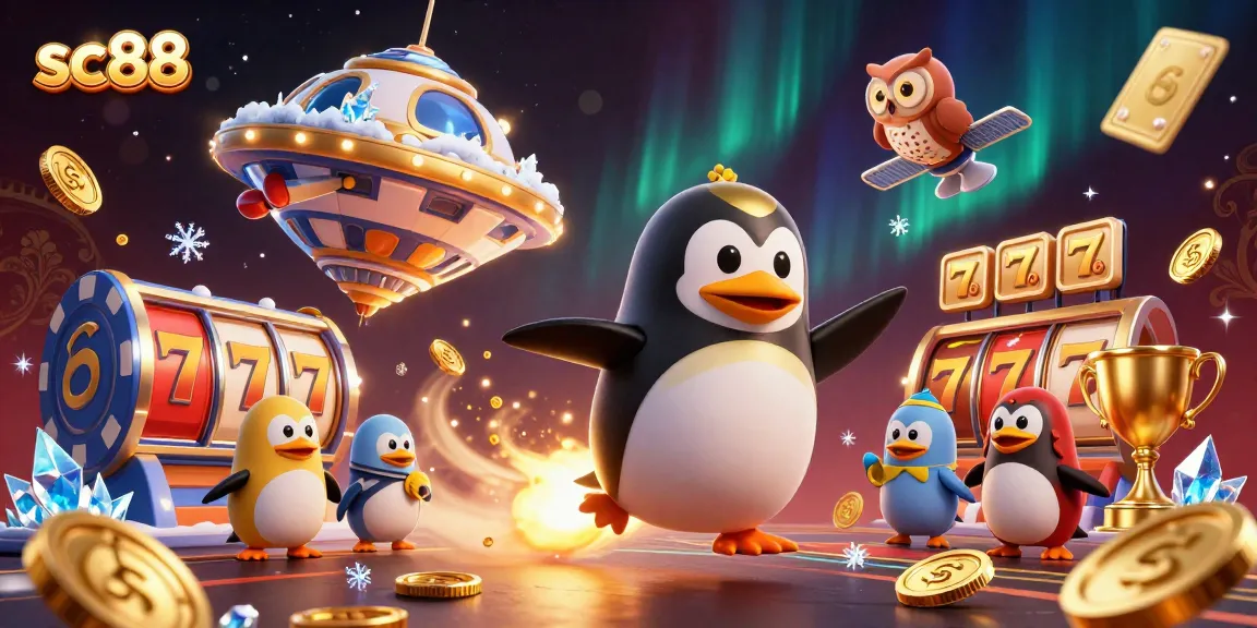 Experience thrilling gameplay at sc88, featuring a golden penguin and jackpots in a dynamic casino scene.