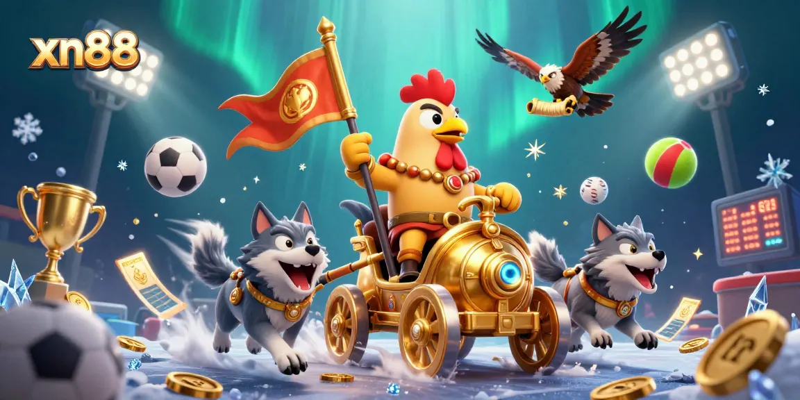 Experience thrilling gameplay at xn88 with a fierce rooster and chariot amidst dynamic sports elements.