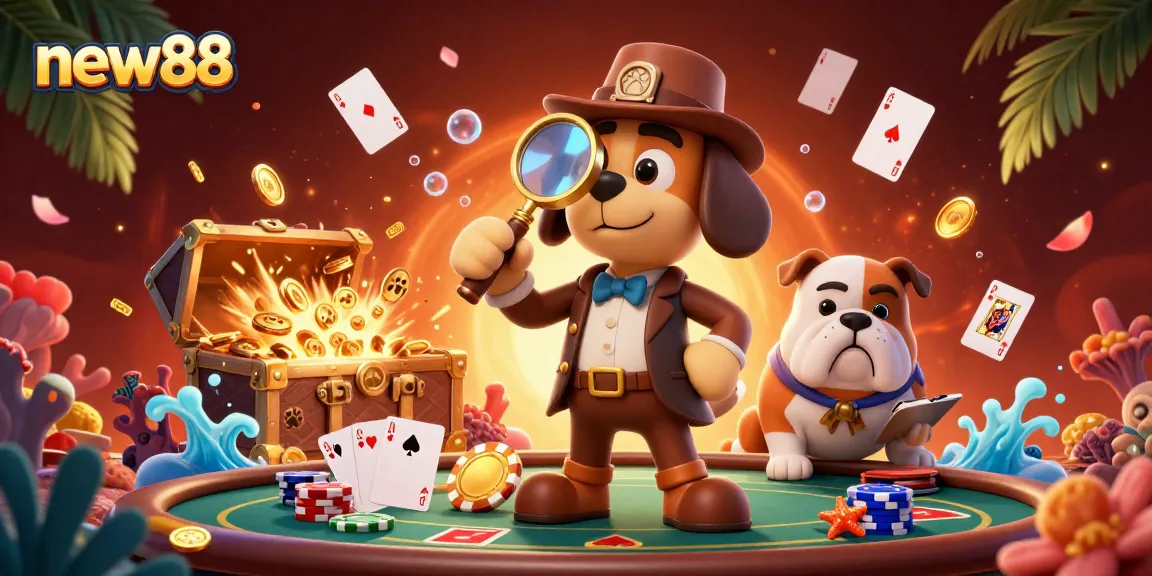 Engage with new88's thrilling poker scene featuring a detective examining chips beside a bulldog, rich in casino details.