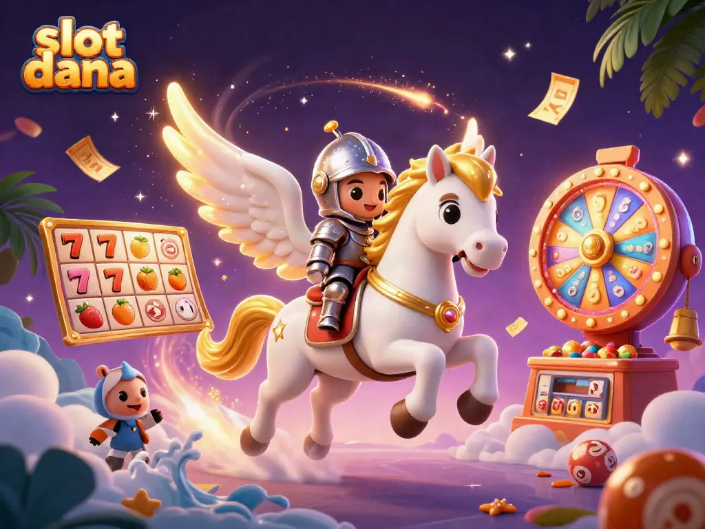 Permainan slot dana dengan kuda bertelur emas dan karakter ksatria, penuh dengan tiket emas dan simbol slot.