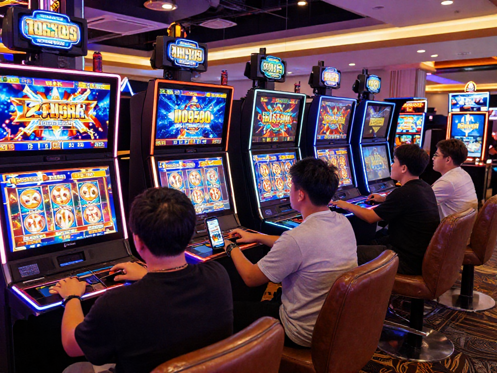 Exciting players engaging with slot online games in a lively virtual casino setting, showcasing dynamic graphics and vibrant atmosphere.